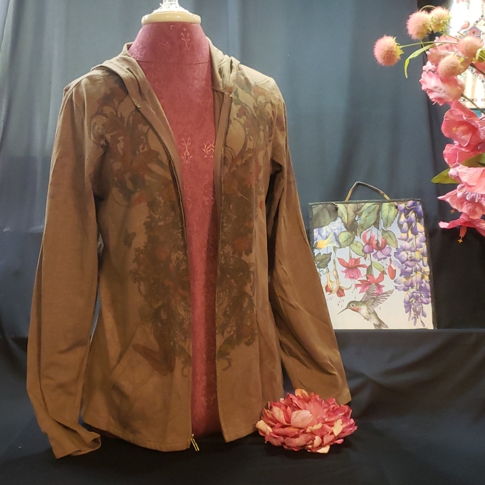 Brown Zip up hoodie Sz Large with design on front.